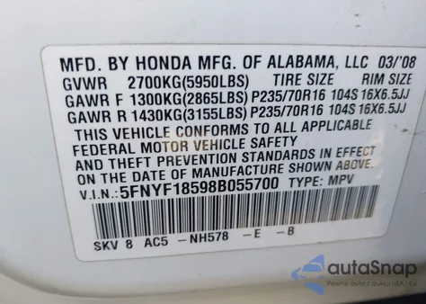 2008 Honda Pilot Ex-L from USA, damaged, VIN 5FNYF18598B055700